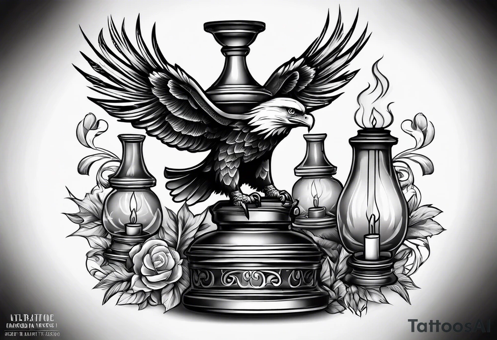 Oil lamp with an eagle next to it tattoo idea