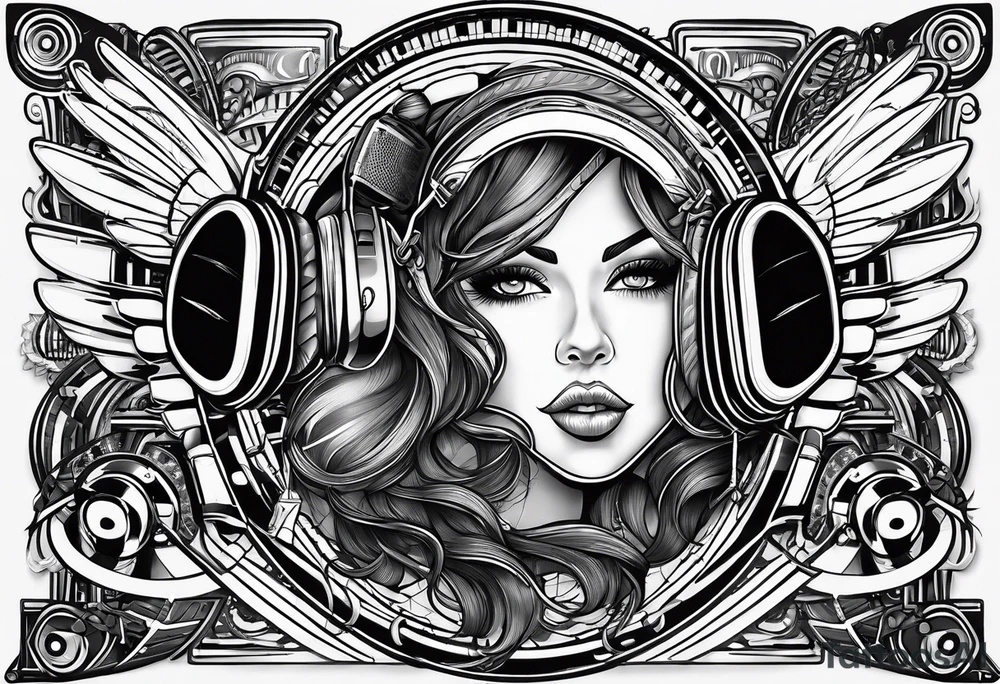 Lines and cables weave and interconnect keyboards, drums, guitars, speakers, headphones, and cassette tapes. tattoo idea