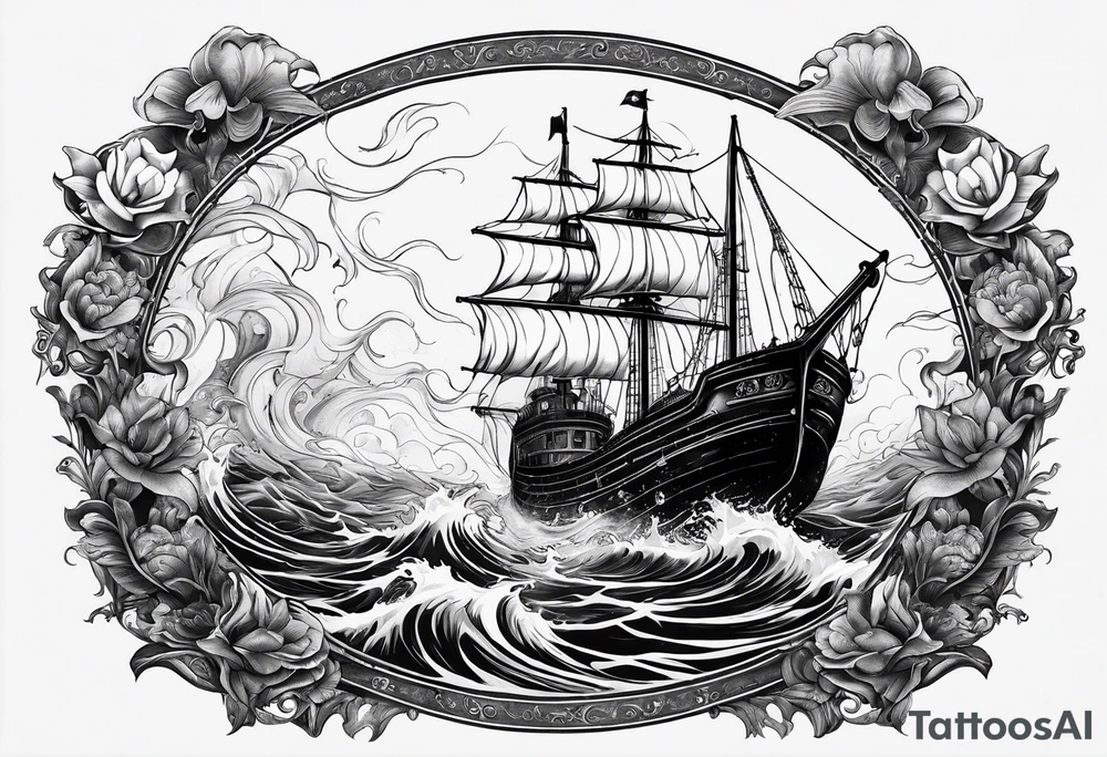 A sale ship sinking with two mermaids, either side, one which is trying to save the boat and one which is trying to help sink it tattoo idea A sale ship sinking with two mermaids, either side, one which is trying to save the boat and one which is trying to help sink it tattoo idea