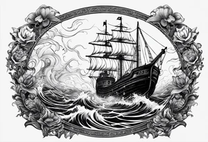 A sale ship sinking with two mermaids, either side, one which is trying to save the boat and one which is trying to help sink it tattoo idea