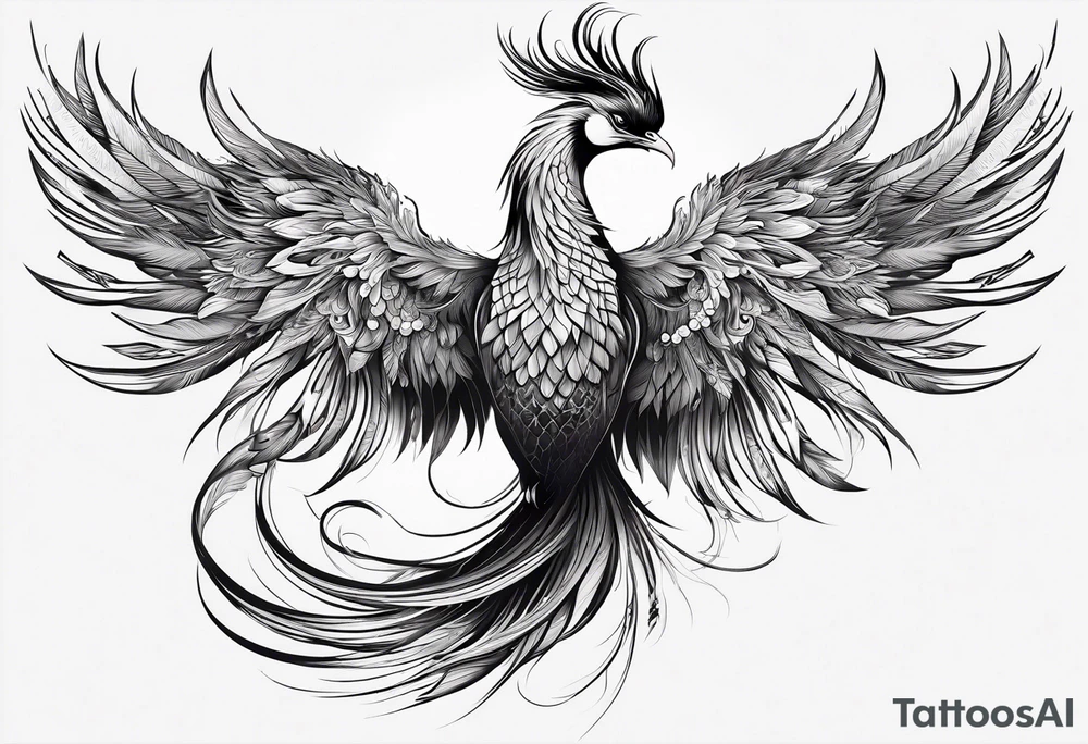 graceful asian style phoenix with extra long tail feathers and a long neck and large feathers tattoo idea