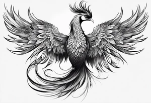 graceful asian style phoenix with extra long tail feathers and a long neck and large feathers tattoo idea