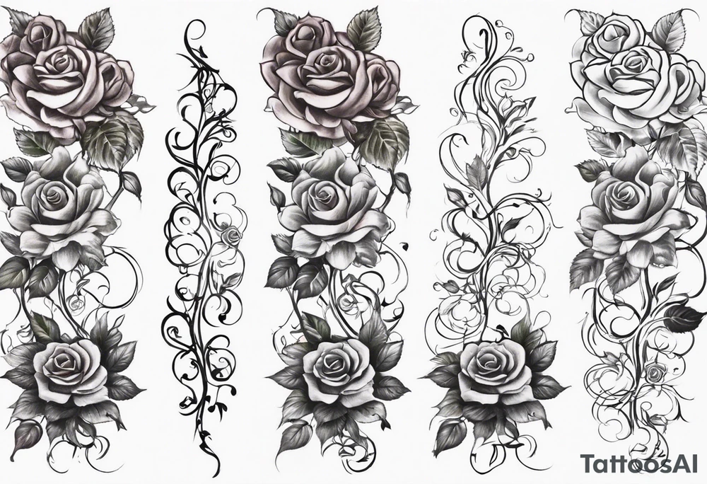 draw image of sleeve tattoo that has 65 small roses on a vine, they can be different sizes. It is long and narrow in design so it fits on an arm. The vine has some leaves and thorns but not too many. The roses will be a mix of small and medium size with some front on and others side on. tattoo idea