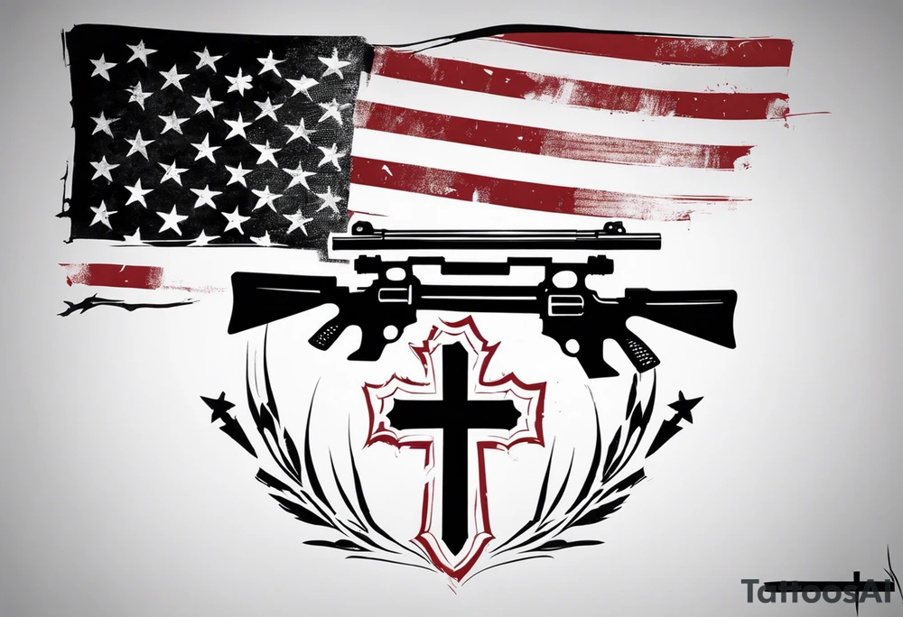 Distressed American flag behind a cross with 2 guns leaned on it simpler tattoo idea