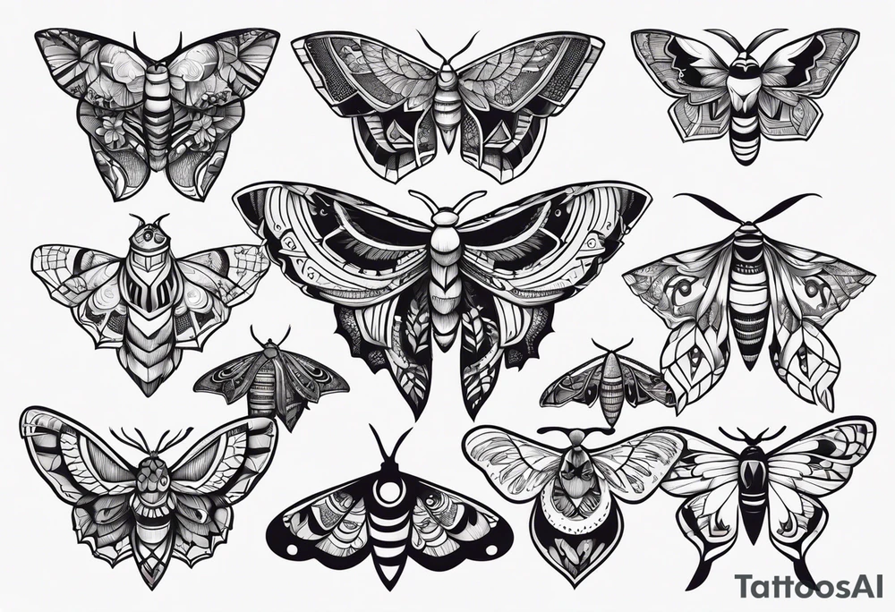 Variety of moths style flash sheet tattoo idea