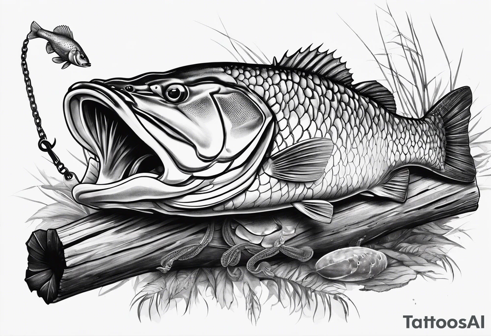 Murray cod with a hook in its mouth on a broken log with a shrimp and yabbie next to it tattoo idea