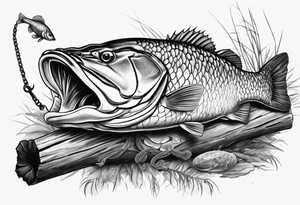 Murray cod with a hook in its mouth on a broken log with a shrimp and yabbie next to it tattoo idea