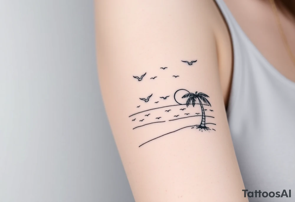 happy, peaceful, serene, timeless, ocean, sand, palm tree, seagulls, sun tattoo idea
