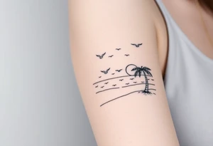 happy, peaceful, serene, timeless, ocean, sand, palm tree, seagulls, sun tattoo idea