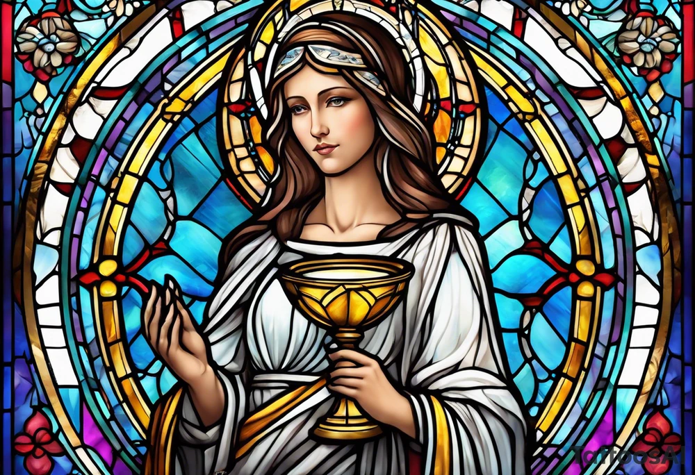 holy saint woman with halo stained glass holding a chalice tattoo idea