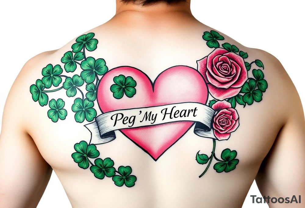 A lot of green shamrocks & a few red roses with a big Pink heart and a banner across the heart that says " Peg 'o My Heart" tattoo idea