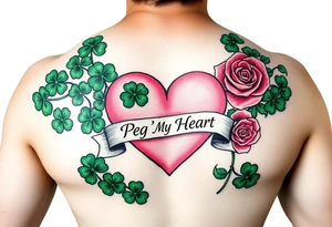 A lot of green shamrocks & a few red roses with a big Pink heart and a banner across the heart that says " Peg 'o My Heart" tattoo idea