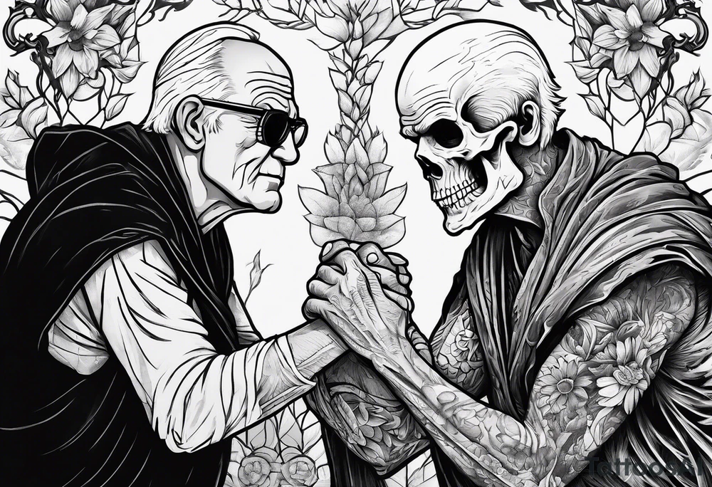old man in cloak arm wrestling with a skeleton tattoo idea