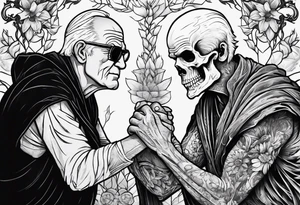 old man in cloak arm wrestling with a skeleton tattoo idea