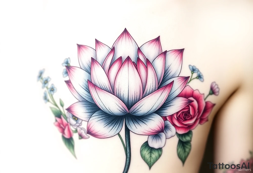 Lotus flower surrounded by forget me nots and peonies tattoo idea