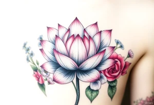 Lotus flower surrounded by forget me nots and peonies tattoo idea