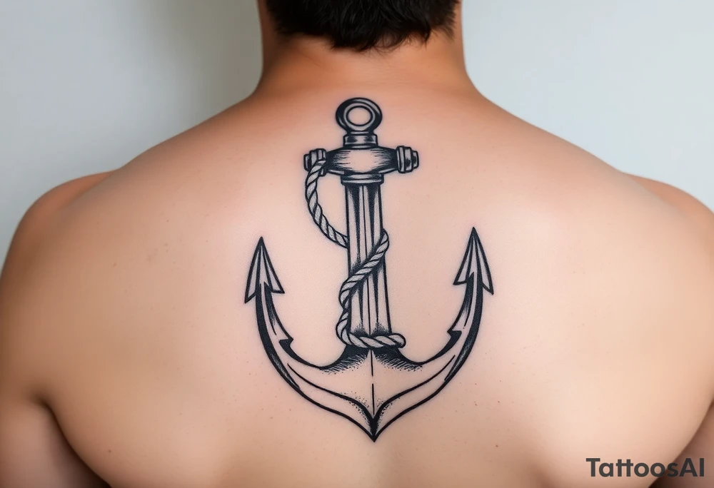 weathered anchor wrapped in nautical rope with sea waves tattoo idea