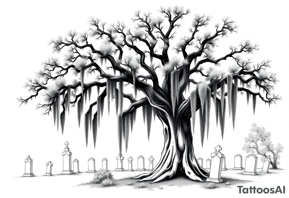 Oak tree with a lot of Spanish moss in a cemetery tattoo idea
