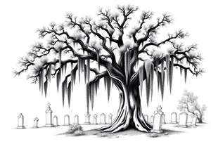 Oak tree with a lot of Spanish moss in a cemetery tattoo idea