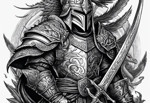 Helmeted Northern Warrior standing with sword held straight up and down and killing a dragon tattoo idea