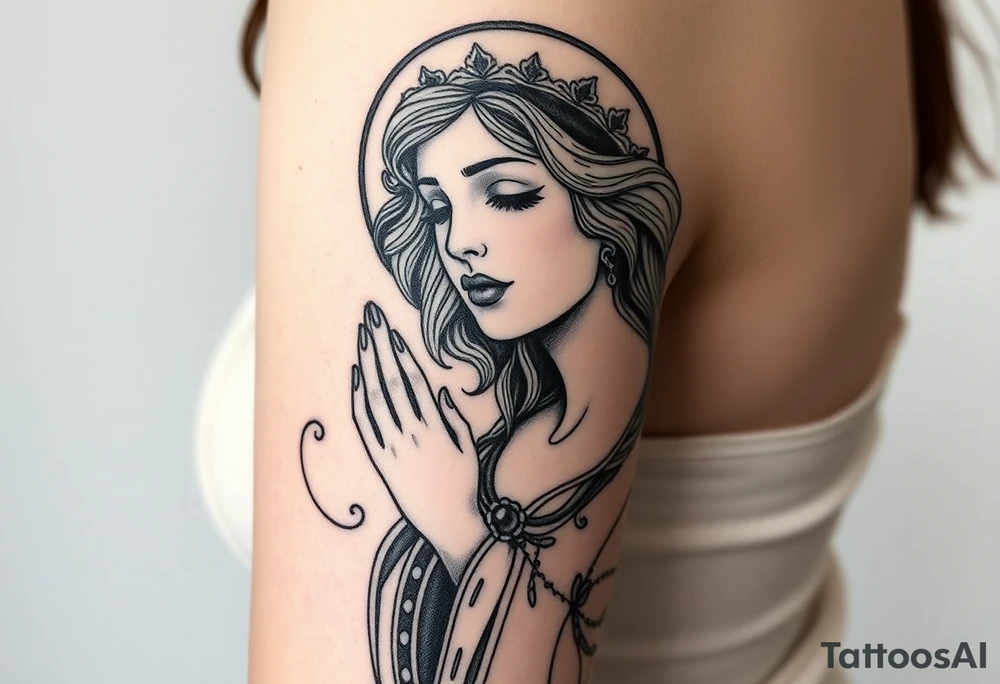 Florence from Florence and the machine as a saint in an art nouveau  style similar to her dance fever album cover art tattoo idea