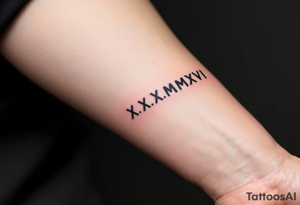 Bold black X.X.MMXVI on the forearm, paired with thin, faded red ink arrows pointing outward from each number. tattoo idea