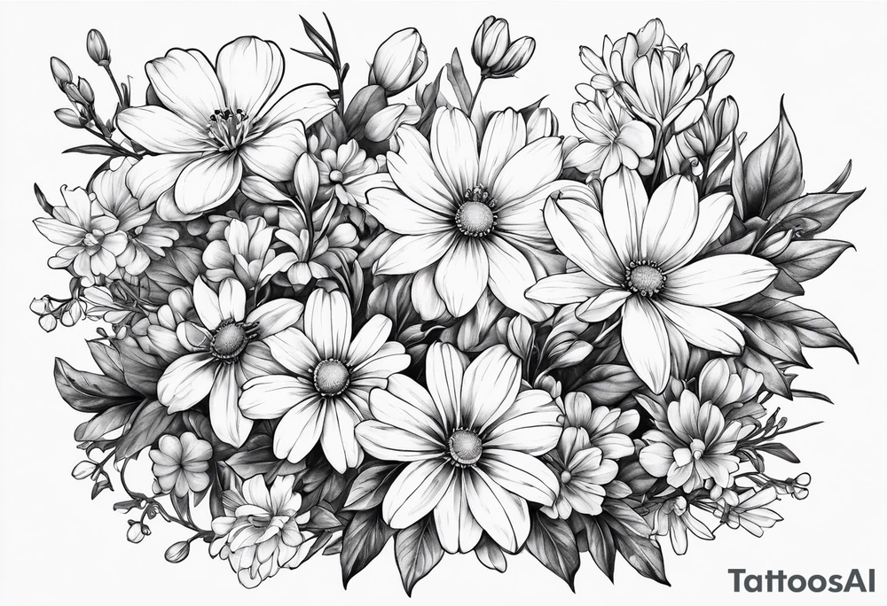 Honeysuckle,3 daisys,cosmos,and snowdrop sleeve tattoo tattoo idea