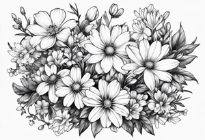 Honeysuckle,3 daisys,cosmos,and snowdrop sleeve tattoo tattoo idea