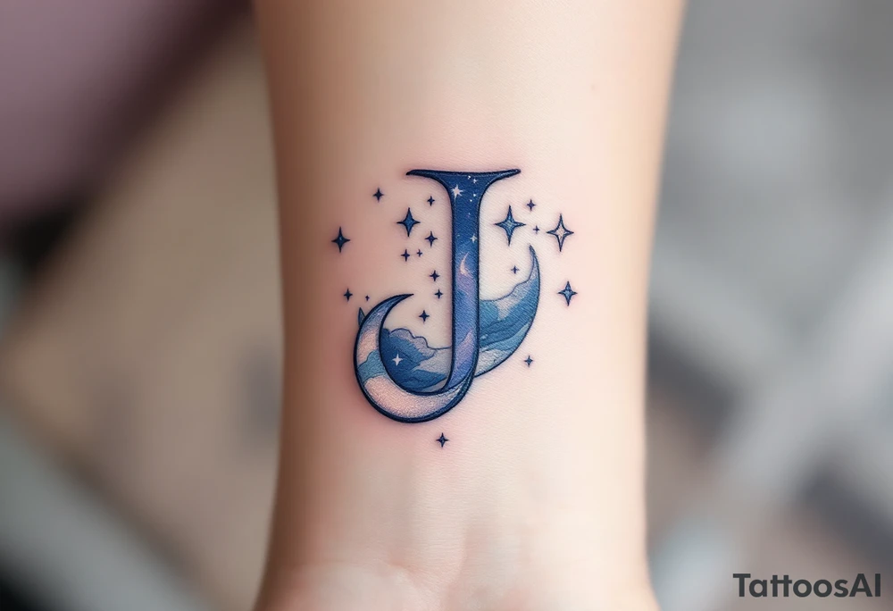 Celestial-themed "J" in midnight blue with silver crescent moons and stars. tattoo idea