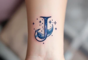 Celestial-themed "J" in midnight blue with silver crescent moons and stars. tattoo idea