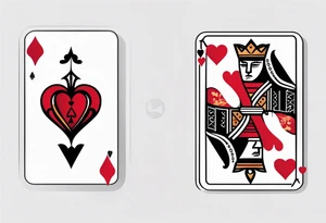 one combined tatto in minimalistic style with icon style three king of spades and icon style one queen of hearts. extreme minimalstic and few lines. much more minimalistic and fewer lines tattoo idea