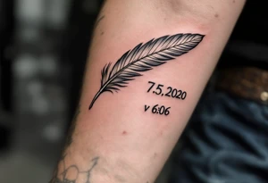 Feather quill writing "Viktor – 7.5.2020 v 6:06" in classic black and silver shading. tattoo idea