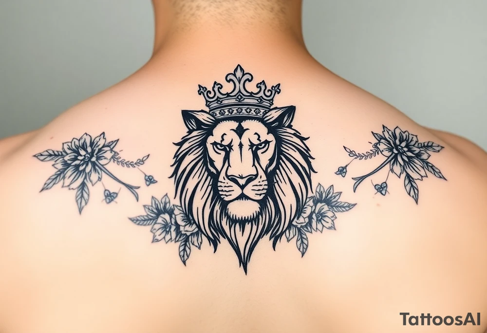 powerful majestic lion with a crown, surrounded by floral orna tattoo idea