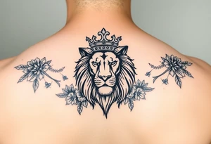 powerful majestic lion with a crown, surrounded by floral orna tattoo idea