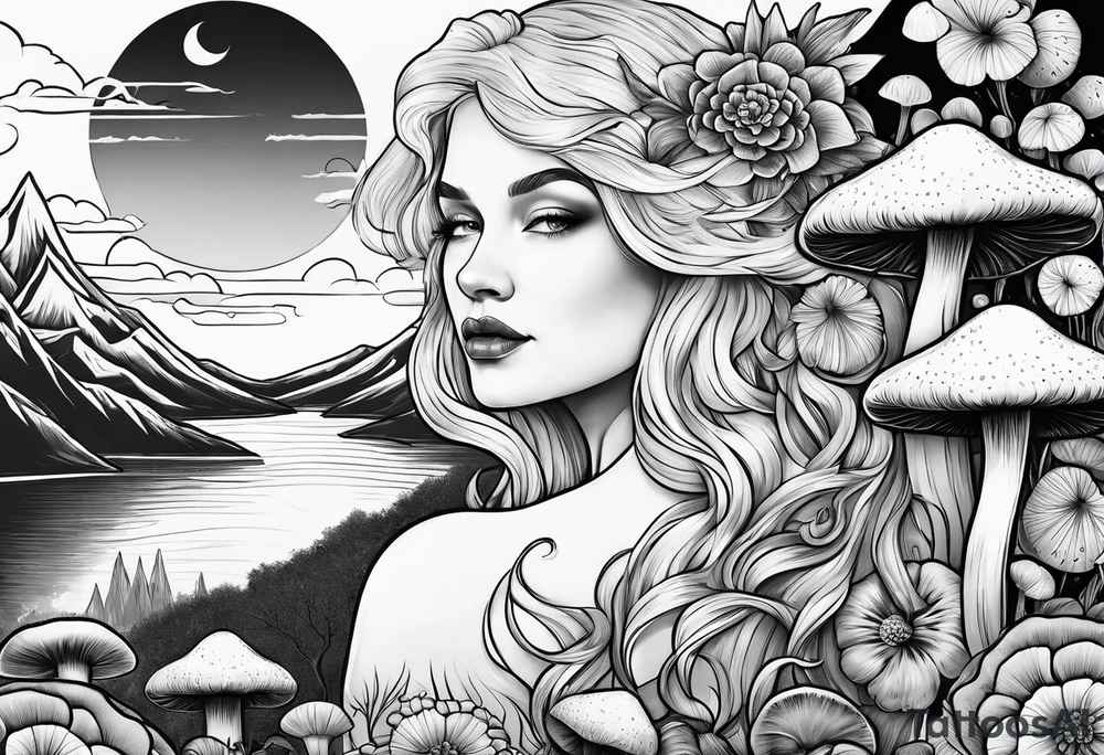 Older blonde fat woman no makeup surrounded by mushrooms mountains crescent moon background tattoo idea
