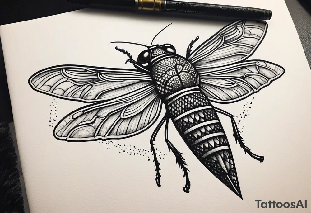 Cicada stippled and shaded with a sword going through it tattoo idea