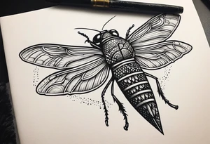 Cicada stippled and shaded with a sword going through it tattoo idea