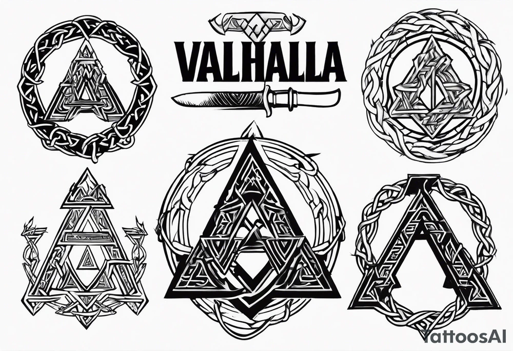 Valhalla sword shield axe barbed wire chains valknut fire tattoo idea Valhalla sword shield axe barbed wire chains valknut fire tattoo idea
