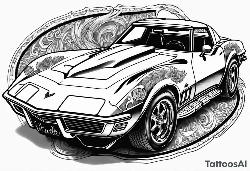 Skeleton driving a 1976 Corvette tattoo idea