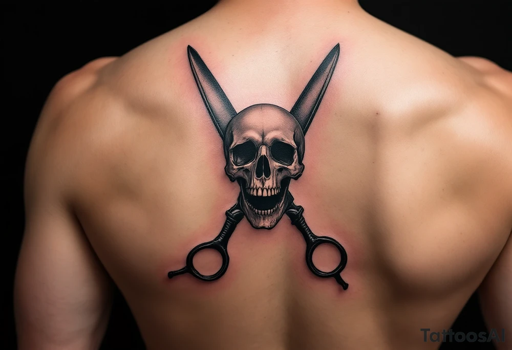 Skull and Scissors Tattoo – Scissors with a skull embedded in the handles, shaded in dark grays with black accents, giving off a rebellious, edgy vibe. The skull adds a touch of mystery and danger. tattoo idea