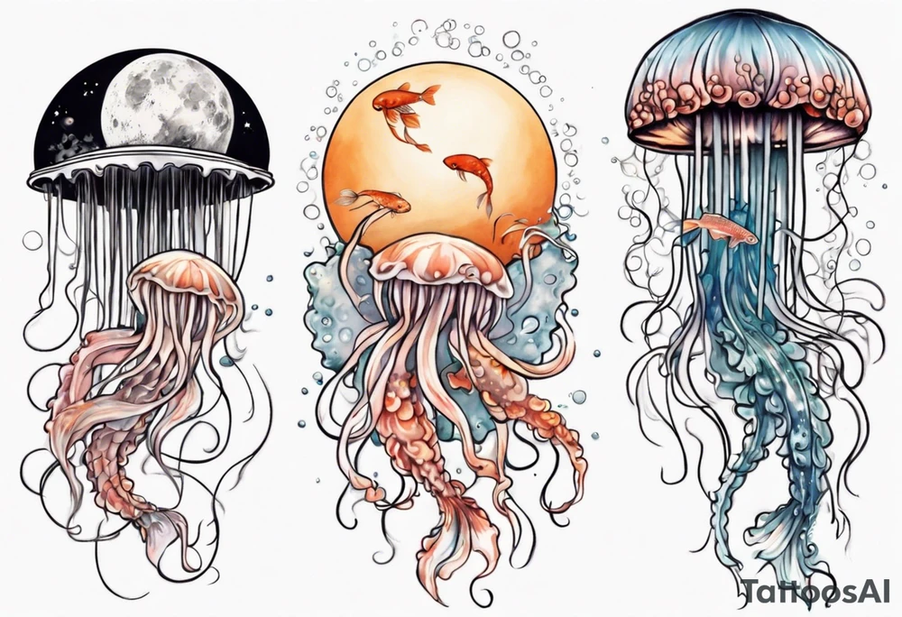 1 jellyfish with the moon in the lid. Then with mini koi carp and jellyfish swimming amongst the tentacles tattoo idea