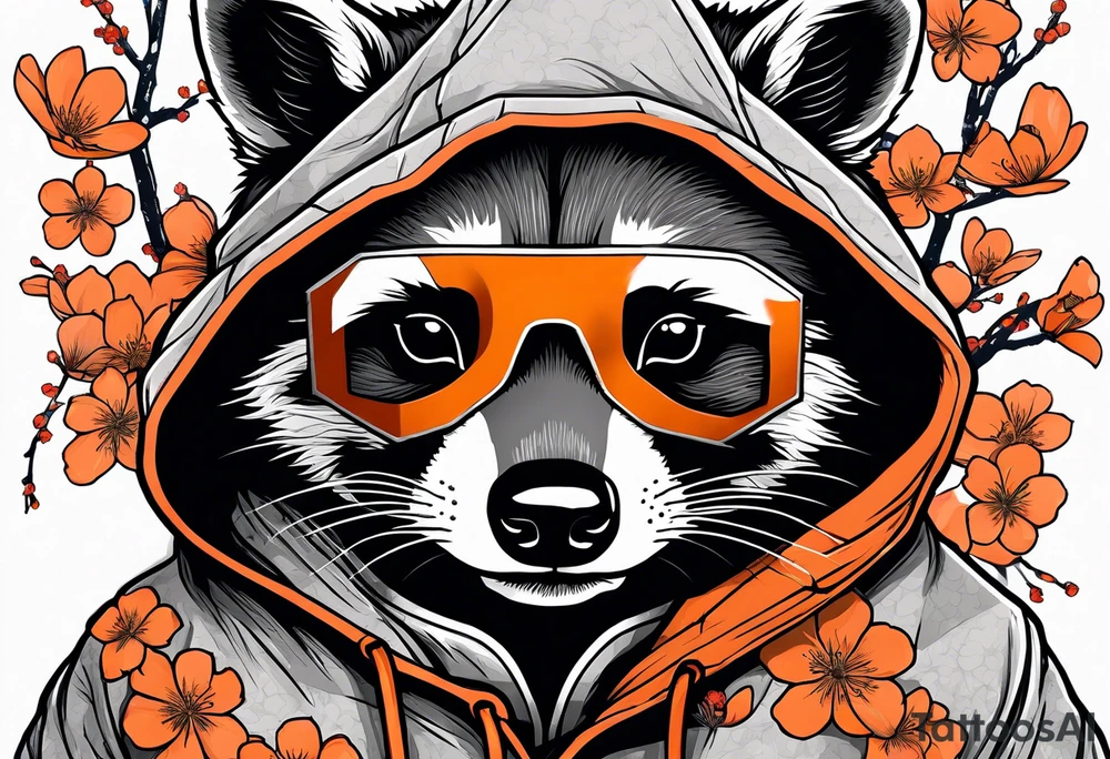 raccoon wearing a black and white Superman hoodie and orange Japanese cherry blossoms tattoo idea