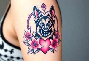 strong looking short haired german shepherd with alert ears surrounded by pink lilies with large leaves in front of a sacred heart tattoo idea