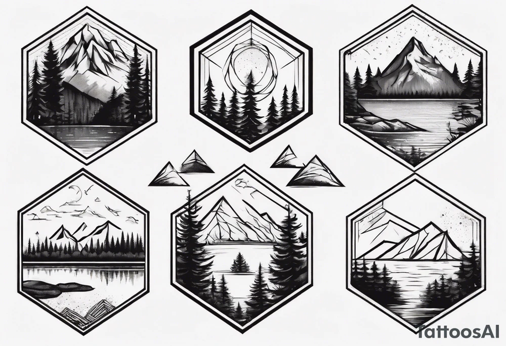 Mountain, coniferous forest and lake in a hexagonal shape tattoo idea Mountain, coniferous forest and lake in a hexagonal shape tattoo idea