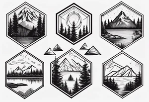 Mountain, coniferous forest and lake in a hexagonal shape tattoo idea