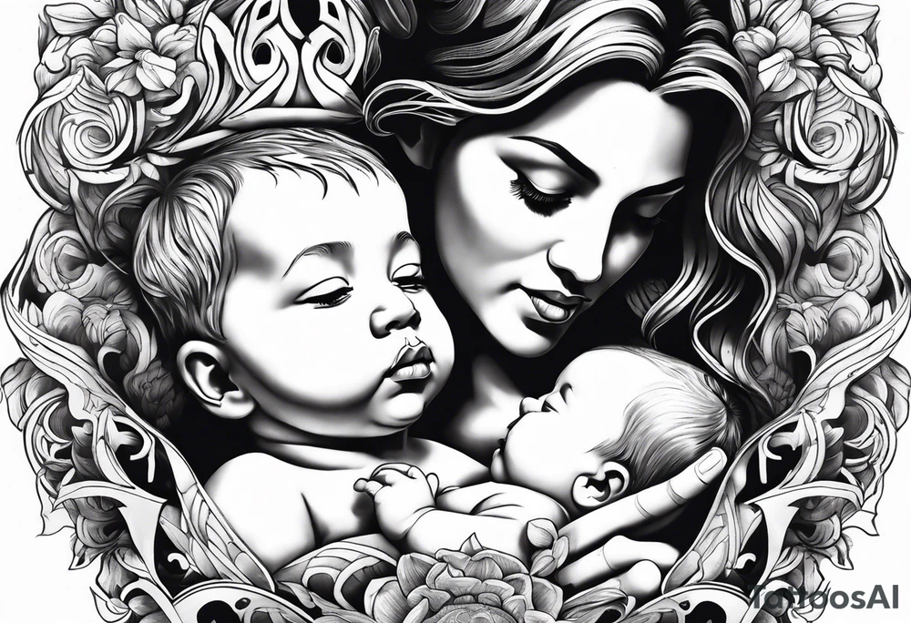 chest tattoo : 
mom and baby son statue tattoo idea