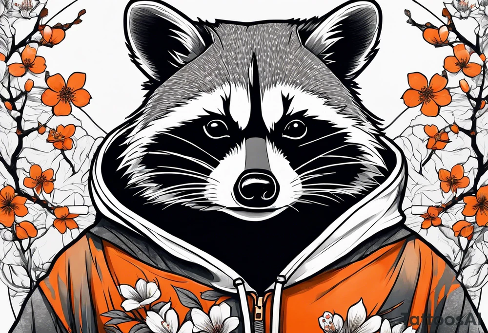 raccoon wearing a Superman hoodie with orange Japanese cherry blossoms tattoo idea