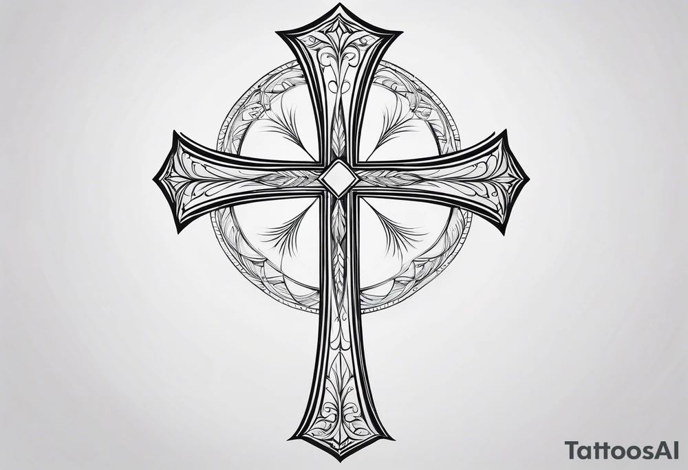 Tattoo: A refined cross with a soft halo on top of it, symbolizing light and spirituality. Delicate rays extend outward from the halo, adding a subtle glow and depth. The cross itself is simple and elegant, with potential for small, intricate line details within the design. tattoo idea