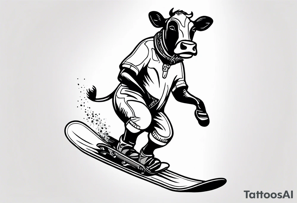 Generate a minimalist and simple black and white tattoo design featuring a joyful cow snowboarding, wearing goggles. Focus on essential lines and details to convey the playful spirit of the scene. The cow should exude confidence while effortlessly snowboarding down a snowy slope. Keep the design clean and uncluttered, suitable for a small to medium-sized tattoo space. Emphasize the charm and whimsy with the addition of goggles, ensuring the overall aesthetic remains simple and minimalistic. The goal is to create a visually appealing and easily recognizable tattoo that captures the essence of a cow enjoying a snowboarding adventure tattoo idea