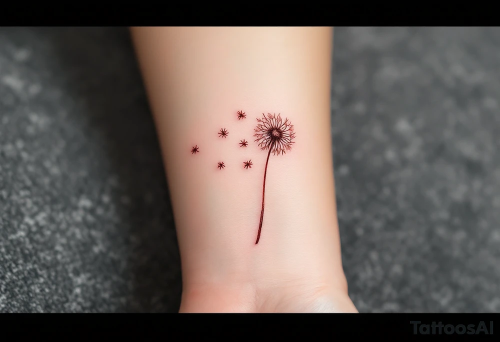 Small wrist dandelion in faded brown ink, with three tiny seeds escaping, each with a slight blush of pink. tattoo idea